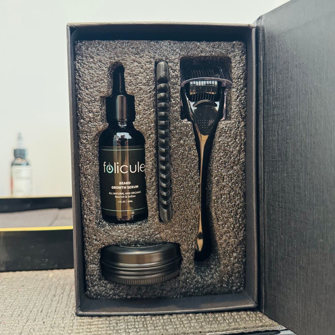 Folicule Beard Kit contents laid out