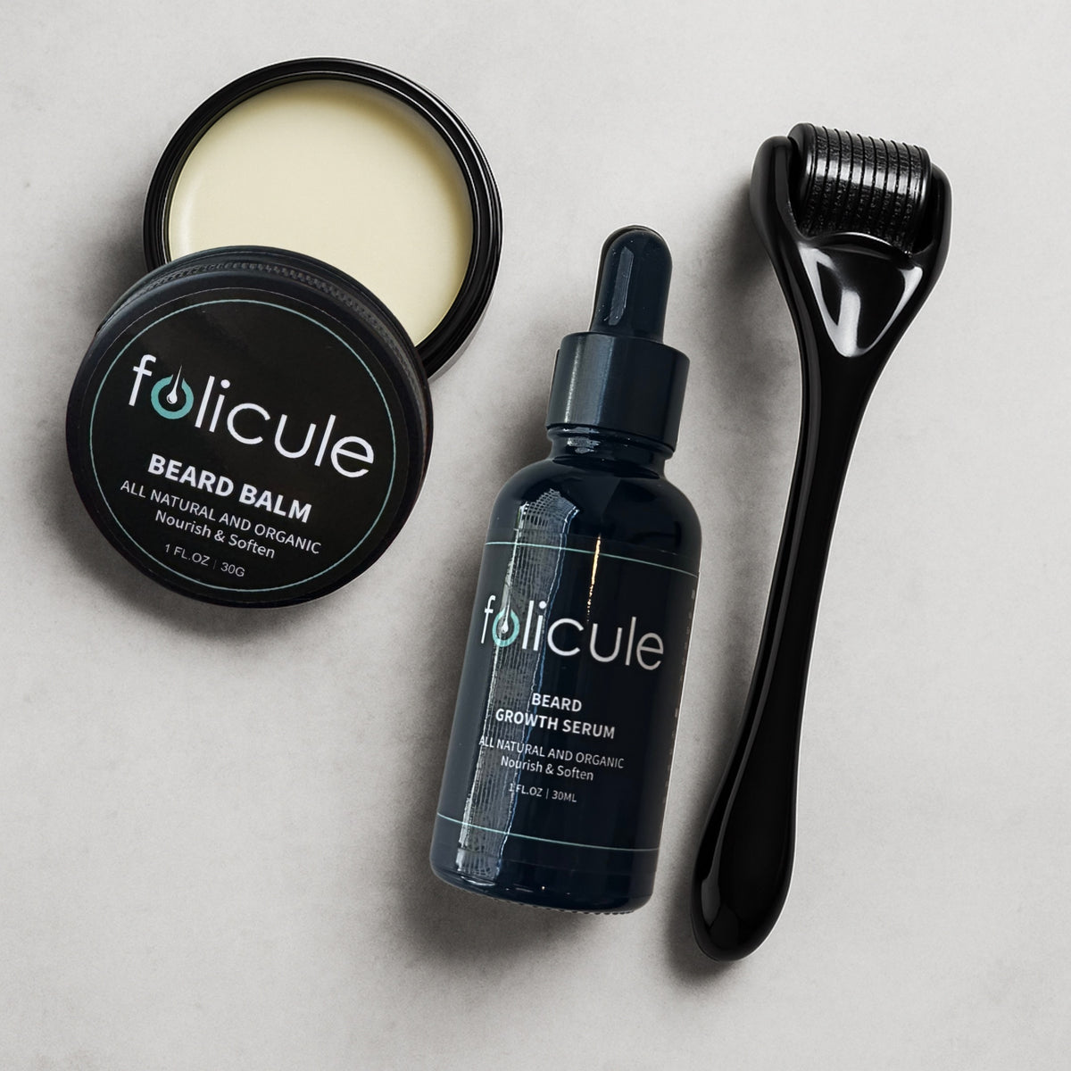 Folicule Beard Kit: growth serum, balm, derma roller and brush