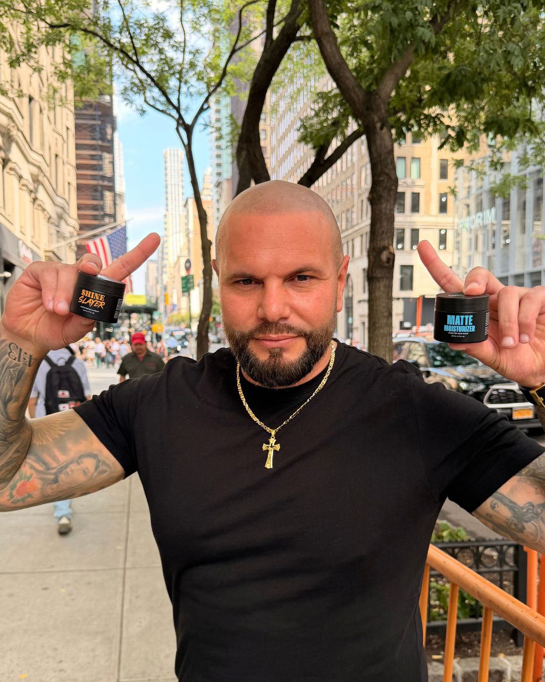 Shine Slayer and Matte Moisturizer used together on a bald head